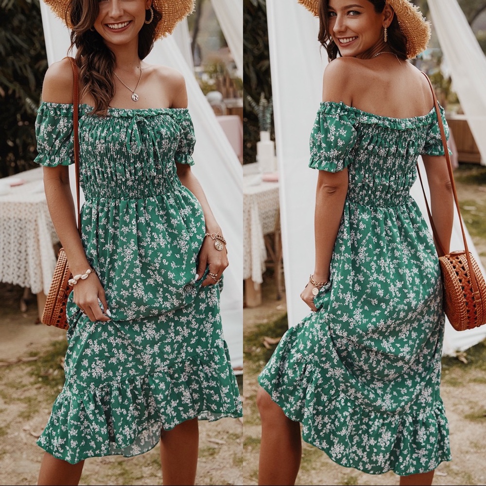 🆕Boho Floral Off The Shoulder Midi Dress Green